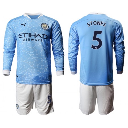 Koszulka Manchester City John Stones 5 Dziecięcy Domowe Stroje Piłkarskie 2020/2021 Długi Rękaw